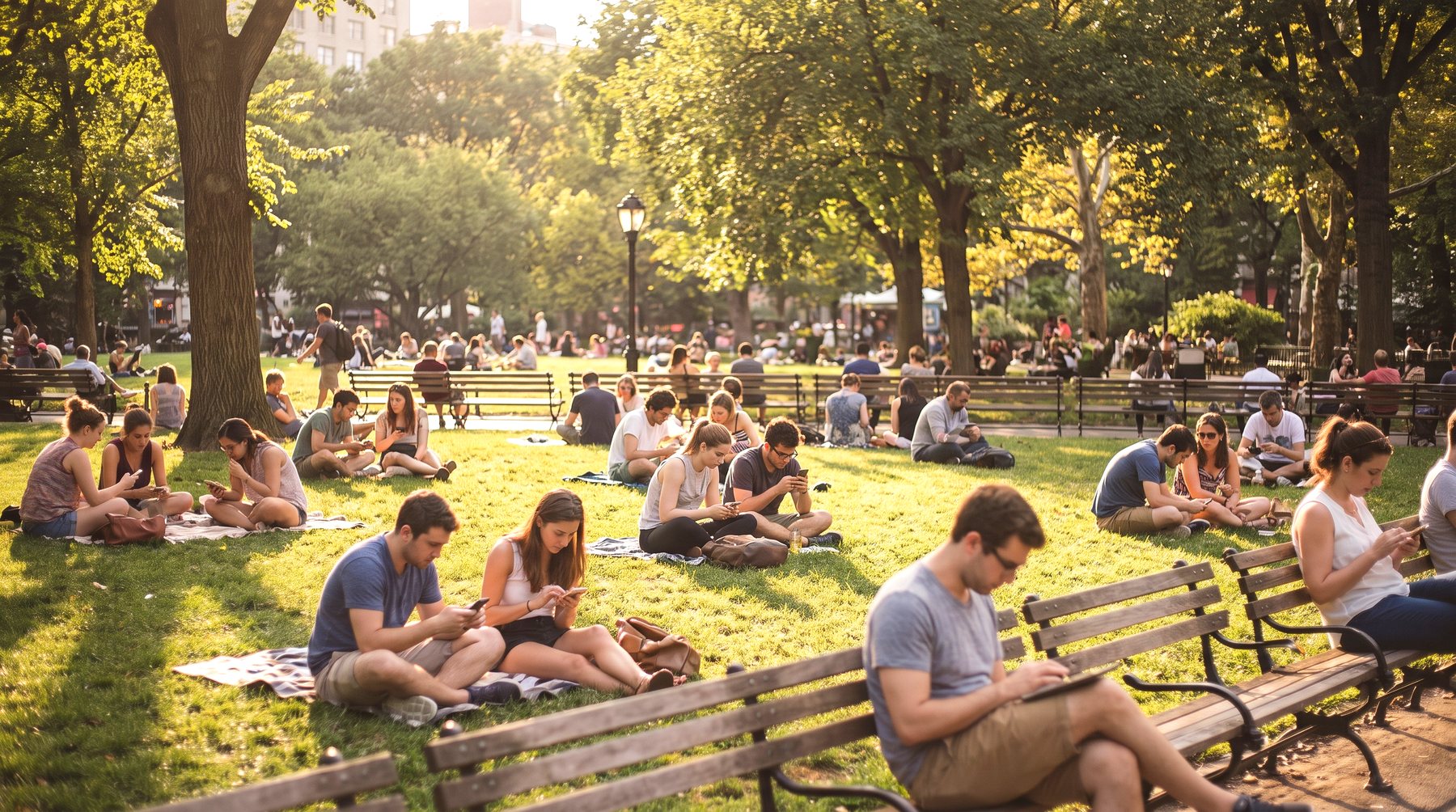 A busy city park on a summer evening, almost everyone on the grass and benches looking at a phone.