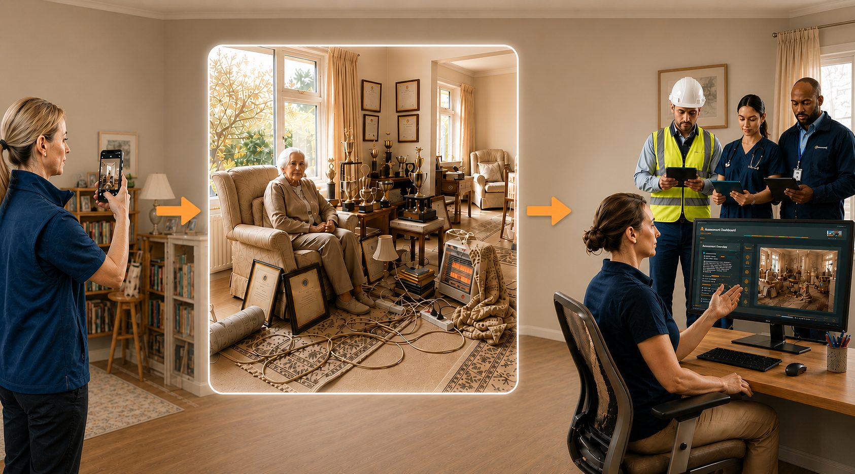 Three stages: a support worker captures a living room on a phone; the capture becomes a rich digital record of the room showing hazards such as trailing cables and a portable heater; a coordinator reviews it on an assessment dashboard with a builder, a nurse and a support worker.